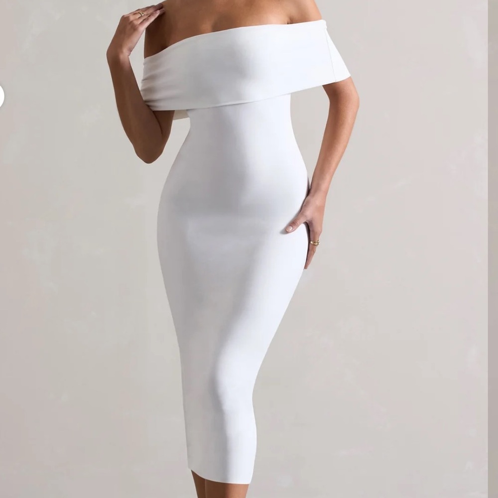 AVERIE WHITE BODYCON BARDOT MIDI DRESS NWT SIZE 4